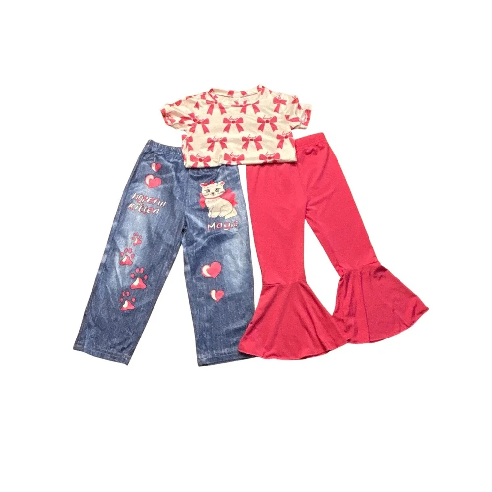 SHEIN Girls 2-3Y Outfit Bundle Floral Dress Apple Romper Kitten Bell Bottoms Set